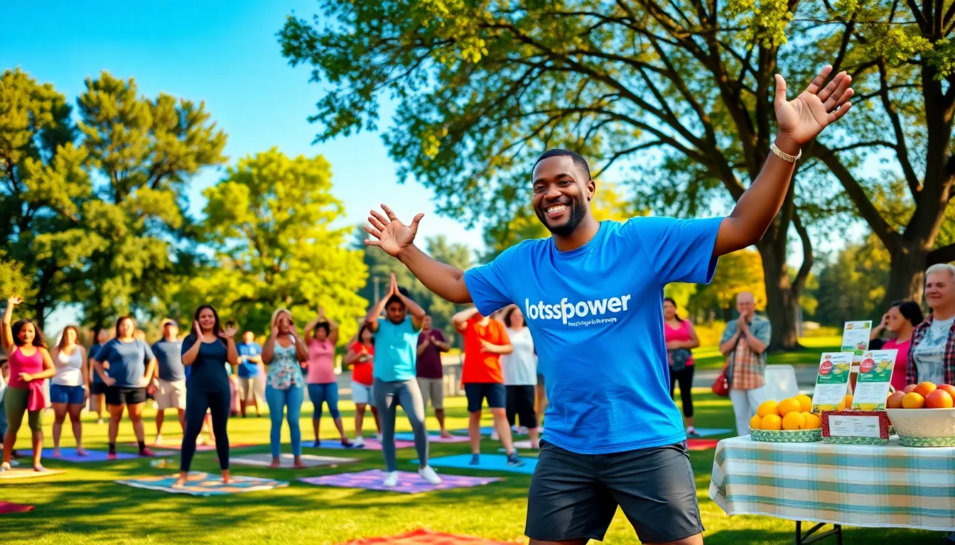 community wellness event in a sunny park with diverse participants practicing yoga.