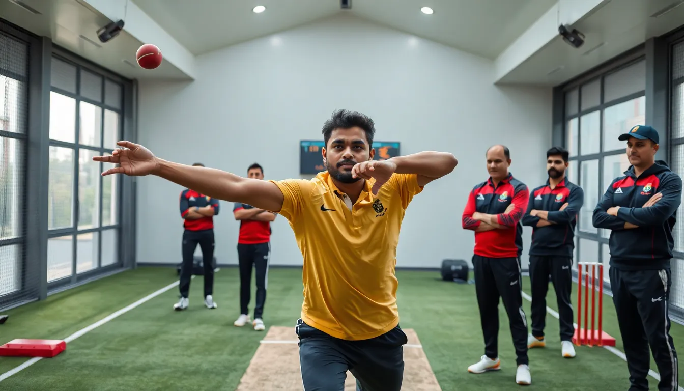 diverse fast bowlers practicing in a modern cricket training facility.